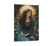 BoVrilyx Fantasy Woman in Garden Canvas Wall Art Dreamy Nature Portrait Poster with Yellow Flowers And Moonlight Glow for Bedroom Meditation Room Living Space Decor Gift 16x24inch(40x60cm) Framed