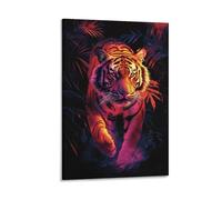 BoVrilyx Fierce Jungle Tiger Wall Art Neon Glow Wildlife Poster Print Living Room Office Bold Safari Animal Artwork on Canvas Modern Home Decor Vibrant Nature-Inspired Wall Decor Gift 12x18inch Frame