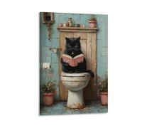 BoVrilyx Funny Black Cat Reading Wall Art Quirky Bathroom Decor Poster Featuring Cat on Toilet Humorous Artwork for Pet Lovers Gift 12x18inch(30x45cm) Frame