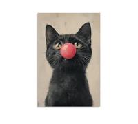 BoVrilyx Funny Black Cat Wall Art Whimsical Animal Poster Featuring Cat with Red Clown Nose Humorous Pet Artwork Living Room OfficeQuirky Illustration Home Decor Gift 12x18inch Unframe