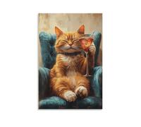 BoVrilyx Funny Cat Wall Art Relaxingange Tabby with Cocktail Poster Print Bar Lounge Living Room Decor Humorous Animal Artwork on Canvas Cat Lovers And Pet-Themed Home Accents Gift 20x30inch Unframe