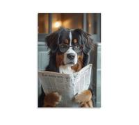 BoVrilyx Funny Dog Wall Art Bernese Mountain Dog Wearing Glasses Reading Newspaper Quirky Pet Humor Poster Bathroom Office Gift Home Decor Gift 20x30inch Unframe