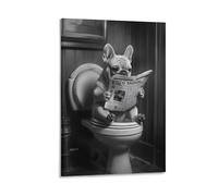 BoVrilyx Funny French Bulldog Wall Art Black And White Bathroom Decor Canvas Print Featuring Dog Reading Newspaper Unframedd Animal Poster for Home Or Guest Toilet Room Gift 16x24inch(40x60cm) Framed