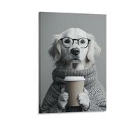 BoVrilyx Funny Golden Retriever Wall Art Dog in Glasses with Coffee Cup Canvas Poster for Cozy Home Decor Whimsical Animal Print for Pet Lovers Stylish Unframed Gift Gift 08x12inch(20x30cm) Frame