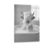 BoVrilyx Funny Highland Cow Wall Art Black And White Bubble Bath Canvas Print for Bathroom Decor Unframed Farm Animal Poster for Rustic Boho Or Modern Style Homes Gift 08x12inch(20x30cm) Frame