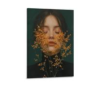 BoVrilyx Girl with Yellow Flowers Canvas Wall Art Soft Portrait Poster with Floral Aesthetic And Dark Green Backdrop for Bedroom Studio Dorm Room Modern Feminine Decor Gift 12x18inch(30x45cm) Framed