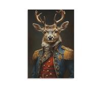 BoVrilyx Majestic Deer Canvas Wall Art Noble Stag in Military Uniform Poster Vintage Animal Portrait Print for Study Office Lodge Decor Classical Wall Artwork Gift 24x36inch(60x90cm) Unframed