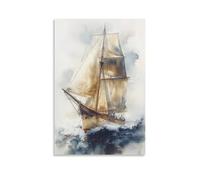 BoVrilyx Sailing Ship Wall Art Nautical Watercolor Ocean Scene with Vintage Sailboat on Waves Maritime Coastal Decor Bathroom Office Beach House Living Room Wall Gift 16x24inch Unframe
