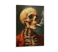 BoVrilyx Skeleton Smoking Cigarette Wall Art Vintage Style Skull Poster for Gothic Alternative Or Halloween Decor Dark Humorous Oil Painting Print Gift 16x24inch(40x60cm) Frame