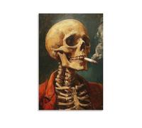 BoVrilyx Skeleton Smoking Cigarette Wall Art Vintage Style Skull Poster for Gothic Alternative Or Halloween Decor Dark Humorous Oil Painting Print Gift 24x36inch(60x90cm) Unframe