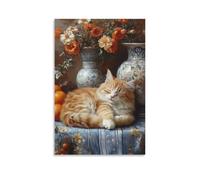 BoVrilyx Sleeping Orange Cat with Vases Wall Art Floral Still Life with Tabby Kitten Cozy Vintage Style Poster for Rustic Home Decor Gift 16x24inch(40x60cm) Unframe