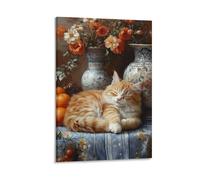 BoVrilyx Sleeping Orange Cat with Vases Wall Art Floral Still Life with Tabby Kitten Cozy Vintage Style Poster for Rustic Home Decor Gift 20x30inch(50x75cm) Frame