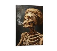 BoVrilyx Smoking Skeleton Canvas Wall Art Gothic Skull Poster with Vintage Oil Painting Style for Bedroom Bar Man Cave Studio Dark Humorous Alternative Decor Gift 20x30inch(50x75cm) Framed