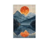 BoVrilyx Sunset Mountain Lake Wall Art Nature Landscape Poster with Red Sun And Reflections Tranquil Forest And Water Scene for Living Room Gift 08x12inch(20x30cm) Unframe