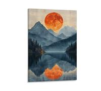 BoVrilyx Sunset Mountain Lake Wall Art Nature Landscape Poster with Red Sun And Reflections Tranquil Forest And Water Scene for Living Room Gift 16x24inch(40x60cm) Frame