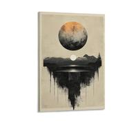BoVrilyx Surreal Abstract Landscape Wall Art with Dual Moons Modern Minimalist Poster for Bedroom Meditation Room Or Creative Office Space Décor Gift 08x12inch(20x30cm) Frame