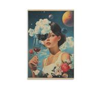BoVrilyx Surreal Woman Space Canvas Wall Art Lose Your Mind Poster with Wine Clouds Planets And Flowers for Lounge Bedroom Studio Dorm Psychedelic Modern Decor Print Gift 12x18inch(30x45cm) Unframed