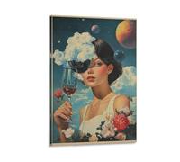 BoVrilyx Surreal Woman Space Canvas Wall Art Lose Your Mind Poster with Wine Clouds Planets And Flowers for Lounge Bedroom Studio Dorm Psychedelic Modern Decor Print Gift 24x36inch(60x90cm) Framed