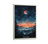 BoVrilyx The Night We Clustered Moon Wall Art Surreal Starry Sky Landscape with Red Moon Mountains And City Lights Dreamy Night Scene Painting Living Room Meditation Space Decor Gift 12x18inch Frame