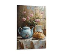 BoVrilyx Vintage Teapot Wall Art Floral Porcelain Still Life with Bread And Rose Flowers Cottagecore Kitchen Dining Room Decor Farmhouse Tearoom French Home Gift 12x18inch Frame