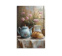 BoVrilyx Vintage Teapot Wall Art Floral Porcelain Still Life with Bread And Rose Flowers Cottagecore Kitchen Dining Room Decor Farmhouse Tearoom French Home Gift 24x36inch Unframe