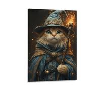 BoVrilyx Wizard Cat Fantasy Wall Art Magical Animal Poster with Cloak And Staff for Kids Room Nursery Or Whimsical Fairytale Home Decor Gift 12x18inch(30x45cm) Frame