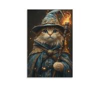 BoVrilyx Wizard Cat Fantasy Wall Art Magical Animal Poster with Cloak And Staff for Kids Room Nursery Or Whimsical Fairytale Home Decor Gift 12x18inch(30x45cm) Unframe