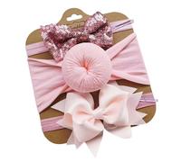 Bow Baby Hair Bands, 3-Piece Set, Nylon Headbands with Sequins, Elastic Hair Accessories, Headpiece for Baby Girls, Newborns, Toddlers, Christening Party Photography, Light Pink