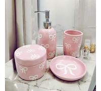 Bow Bathroom Set, 4 Pcs Ceramic Bathroom Accessory Sets - Soap Dispenser, Tumbler Toothbrush Holder, Vanity Soap Tray, Cotton Swab Jars - Pink Bathroom Decor Gift for Her (Pink)