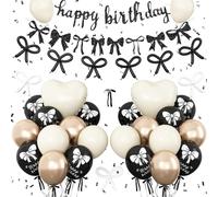 Bow Birthday Decorations,Bow Coquette Party Decorations with Happy Birthday Banner Black Gold Sand White Bow Balloons Heart Foil Balloons for Girls Women Bow Theme Decor