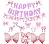 Bow Birthday Party Decoration Banner - Pink Bow Happy Birthday Banners Decor Garland for Girls, Hanging Swirls Foil Balloons for Coquette Theme Birthday Party Supplies