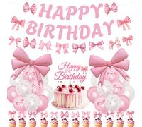 Bow Birthday Party Decorations Pink - 37 Pcs Coquette Birthday Decoration Glitter Happy Birthday Banner Cake Topper Pink Bow Foil Balloons for Girls Women Baby Shower Party Supplies