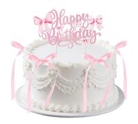 Bow Cake Topper Decorations with Happy Birthday Sign, Retro Style Vintage Coquette Themed Party Decor Heart Cake Ribbon Topper for Birthday Wedding Baby Shower (Pink)