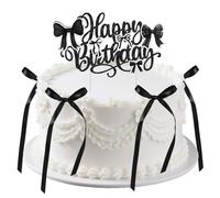 Bow Cake Topper Decorations with Happy Birthday Sign, Retro Style Vintage Coquette Themed Party Decor Heart Cake Ribbon Topper for Birthday Wedding Baby Shower (Black)