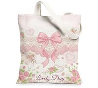 Bow Canvas Tote Bag for Women, Romantic Vintage Roses Hearts Spring Peach Washable Reusable Small Tote Bag Ideas for Shopping Trips Office Library Casual 13x15 Inch