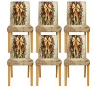 Bow Chair Covers for Dining Chairs, Christmas Festive Pine Red Berries Xmas Gold Spandex Washable Parsons Chair Slipcover Decor for Dining Room Kitchen Banquet 6pcs
