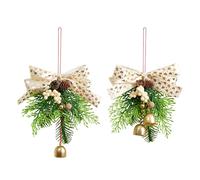 Bow Christmas Jingle Bells Hanger Decorations,2 Pcs Red Christmas Bow with Bells and Cones & Pine Branches for Xmas Party Decoration