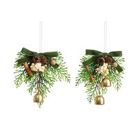 Bow Christmas Jingle Bells Hanger Decorations,2 Pcs Red Christmas Bow with Bells and Cones & Pine Branches for Xmas Party Decoration