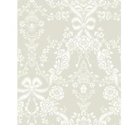 Bow Damask Taupe Non-Pasted Wallpaper - Vintage Floral Ribbon Damask Pattern, 56 Sq Ft Coverage - Paste-The-Paper Washable Wallcovering