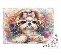 Bow Dog Jigsaw Puzzle Tea Time 1000 Pieces Recycled Paper Adults Jigsaws Impossible Difficult Challenge Brain Thinking Family Game Gift 70x50cm/1000pcs