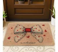 Bow Door Mat, Festive Casual Hearts Welcome Valentine Red Non-Slip Dirt Trapper Under Doormat Rug Home Decor for Entryway Outdoor Porch Balcony 29x17 Inch