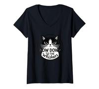 Bow Down to The Whiskers: Cat Lover's Quirky Graphic V-Neck T-Shirt, Women, Black, S