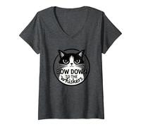 Bow Down to The Whiskers: Cat Lover's Quirky Graphic V-Neck T-Shirt, Women, Dark Heather Grey, M