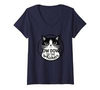 Bow Down to The Whiskers: Cat Lover's Quirky Graphic V-Neck T-Shirt, Women, Navy, M