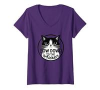 Bow Down to The Whiskers: Cat Lover's Quirky Graphic V-Neck T-Shirt, Women, Purple, M