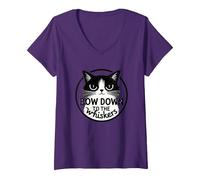Bow Down to The Whiskers: Cat Lover's Quirky Graphic V-Neck T-Shirt, Women, Purple, S