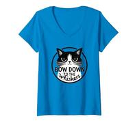 Bow Down to The Whiskers: Cat Lover's Quirky Graphic V-Neck T-Shirt, Women, Sapphire, XL