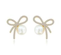 Bow Earrings for Women Gold Statement Jewelry Pearl Bow Earrings Sparkly Rhinestone Design for Elegant Style Looks, Metal, No Gemstone