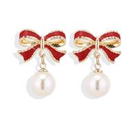 Bow Earrings for Women Red Rhinestone Pearl Dangle Jewelry,Christmas Party Earring Ball Wedding Gifts Festival Cute Accessories, Metal, No Gemstone