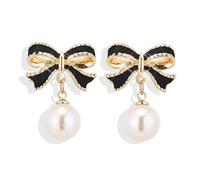 Bow Earrings for Women Rhinestone Dangle Pearl Bow Earrings Christmas Jewelry Holiday Gifts Stocking Stuffers White Elephant Present New Years Eve Accessories, Adjustable, Brass, No Gemstone